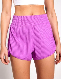 ADIDAS Pacer All Gym Seasonal Rib High Waisted Tonal 3-Stripes Shorts - Purple Burst