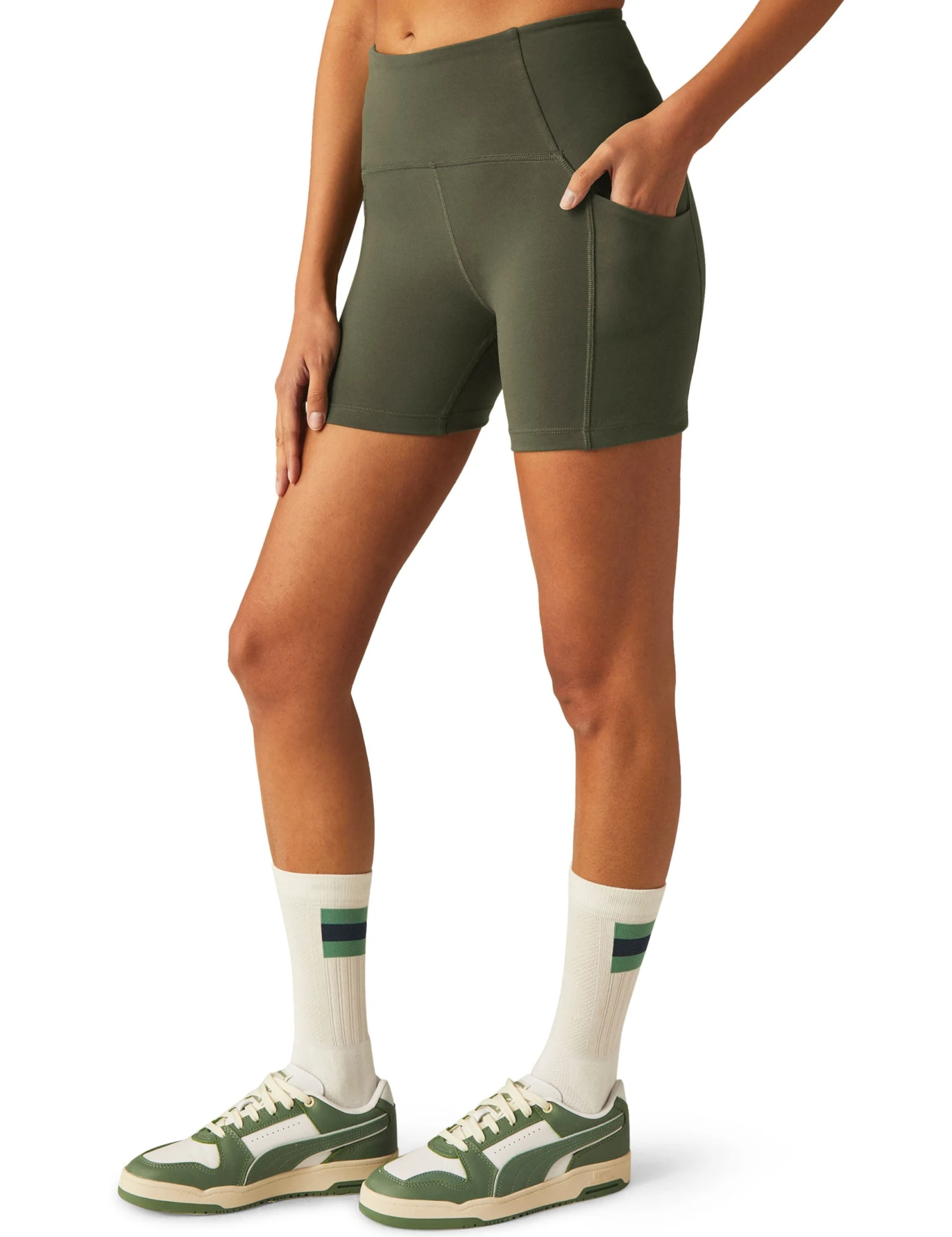 Beyond Yoga POWERBEYOND Strive Pocket Biker Short - Modern Olive 4 Beyond Yoga POWERBEYOND Strive Pocket Biker Short - Modern Olive - Image 2