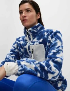 Borg Printed Funnel Neck Zip Up Fleece Jacket - Blue/White