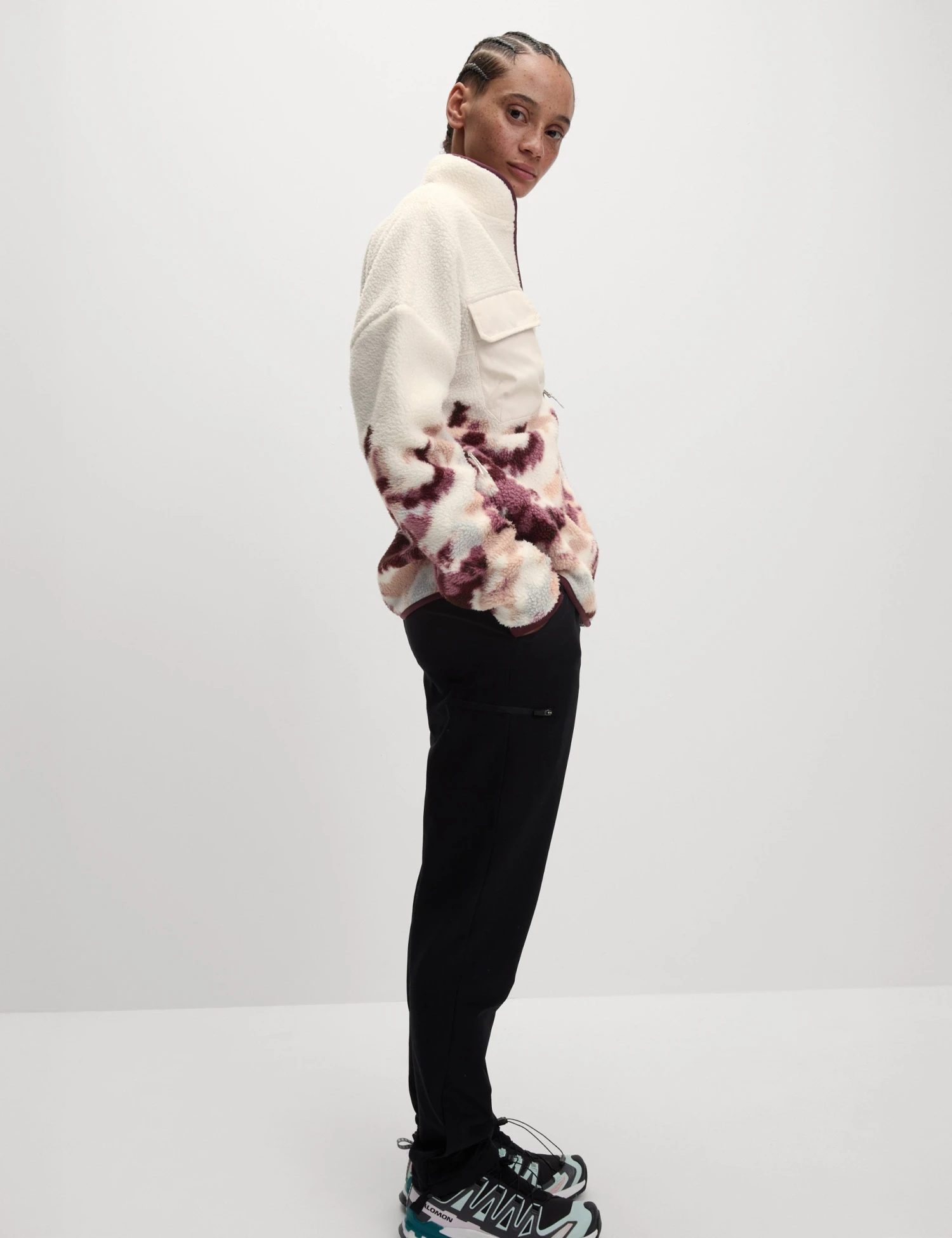 Borg Printed Funnel Neck Zip Up Fleece Jacket - Ivory Mix 6 Borg Printed Funnel Neck Zip Up Fleece Jacket - Ivory Mix - Image 4