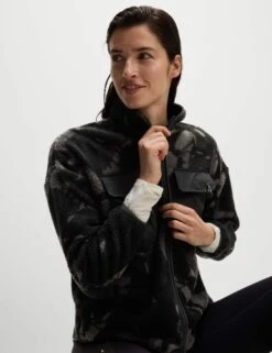 Borg Printed Funnel Neck Zip Up Fleece Jacket - Medium Grey Mix