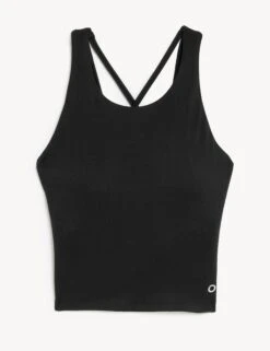 Printed High Neck Padded Yoga Crop Top - Black Mix -The Sports Edit Store goodmove high neck padded yoga crop vest top black T51 5338 5