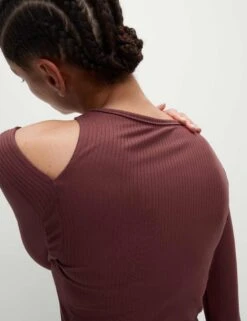Rib Cold Shoulder Fitted Yoga Top - Dark Taupe -The Sports Edit Store goodmove rib cold shoulder fitted yoga top dark taupe 6169 3