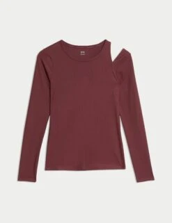 Rib Cold Shoulder Fitted Yoga Top - Dark Taupe -The Sports Edit Store goodmove rib cold shoulder fitted yoga top dark taupe 6169 6