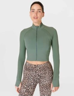 Sweaty Betty Athlete Crop Seamless Gym Zip Up - Cool Forest Green