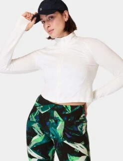 Sweaty Betty Athlete Crop Seamless Gym Zip Up - Lily White -The Sports Edit Store sweaty betty athlete crop seamless gym zip up lily white sb9288 4