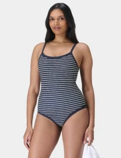 Sweaty Betty Riviera Swimsuit - Blue Coastal Stripe -The Sports Edit Store sweaty betty riviera swimsuit blue coastal stripe sb10157 1