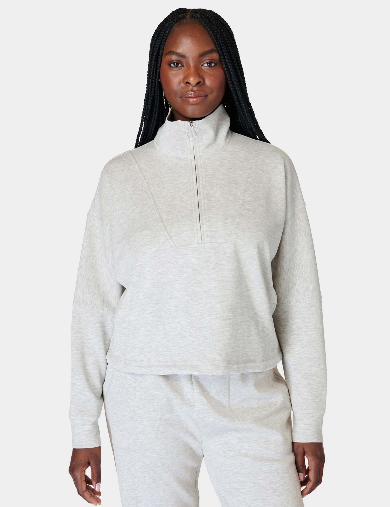 Sweaty Betty Sand Wash Funnel Neck Half Zip - Ice Grey Marl 3 Sweaty Betty Sand Wash Funnel Neck Half Zip - Ice Grey Marl