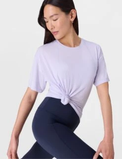 Sweaty Betty Soft Flow Studio T-Shirt - Heather Purple -The Sports Edit Store sweaty betty soft flow studio t shirt heather purple sb9667 5