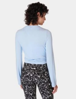 Sweaty Betty Wrap Front Long Sleeve Top - Breeze Blue -The Sports Edit Store sweaty betty wrap front long sleeve top breeze blue sb9464 3